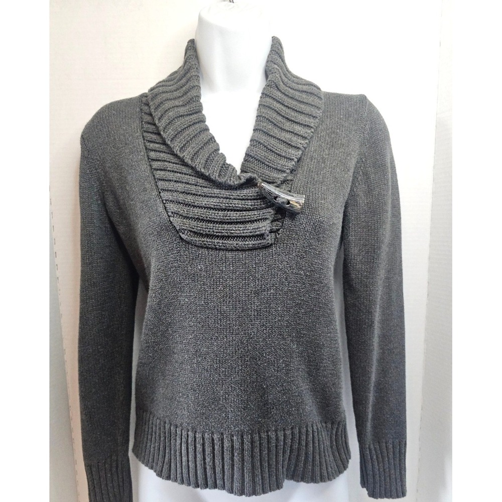Lauren Ralph Lauren Petite Gray Cotton Shawl Collar Knit Sweater Horn Button P/P